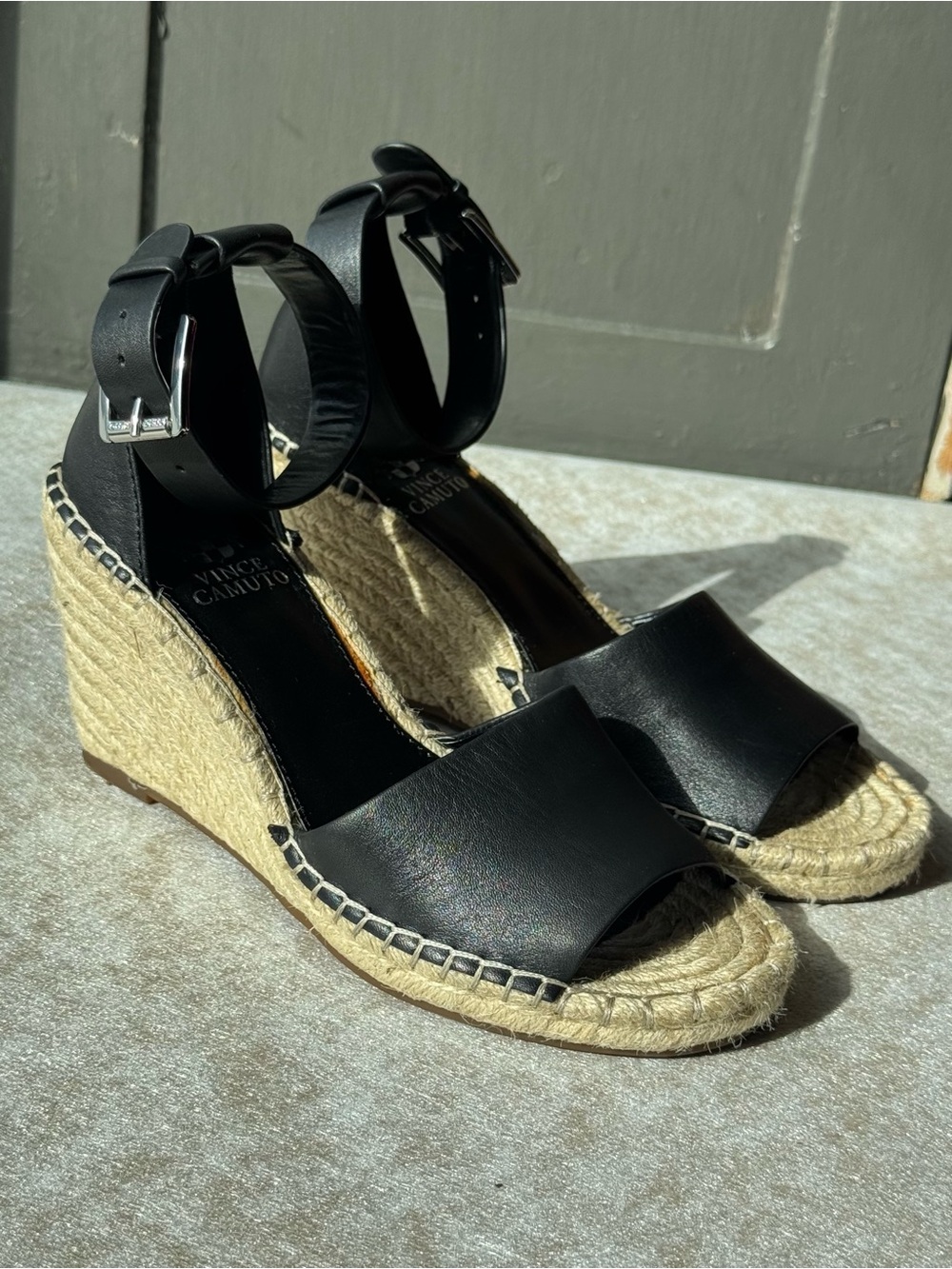 Vince Camuto Black Leather Espadrille Wedge Sandals Size 7.5